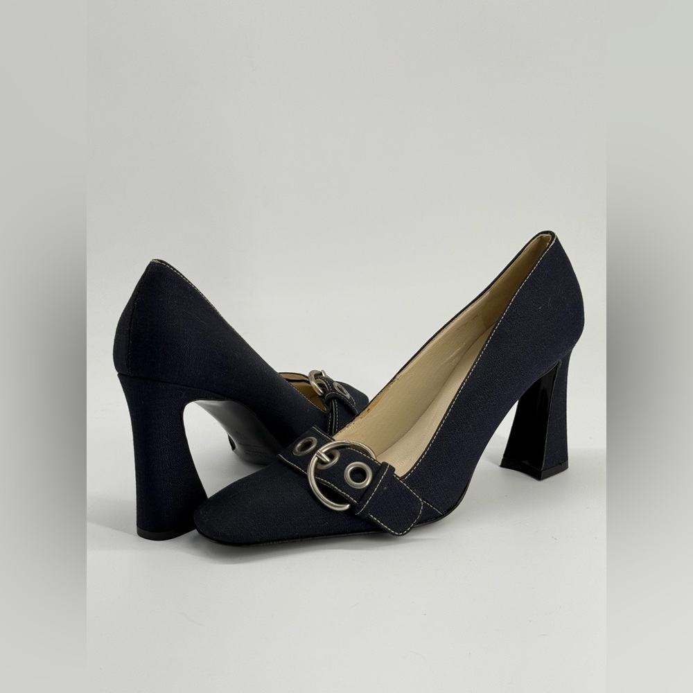 Prada Calzature Donna Linen and Leather Buckle Heels Size EU 37 1/2 - Picture 7 of 9